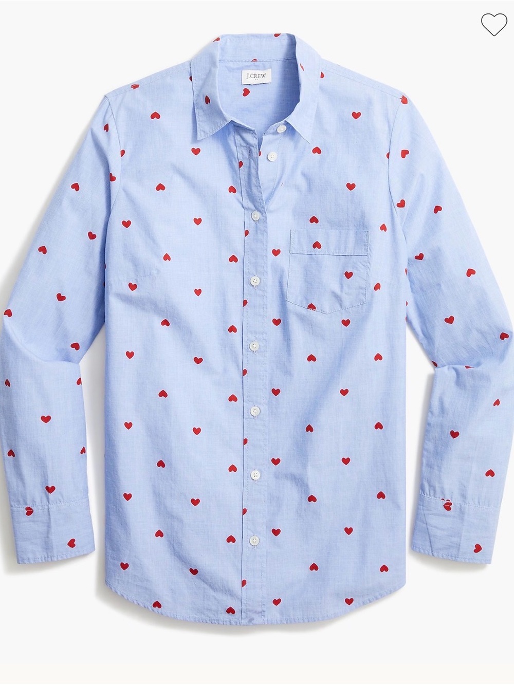 J. Crew Women's Light Blue Button-Down Shirt with Red Heart Print